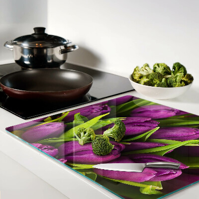 Tagliere in vetro temperato Tulipani viola con foglie verdi