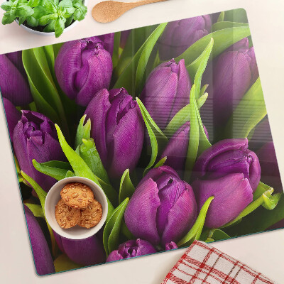 Tagliere in vetro temperato Tulipani viola con foglie verdi