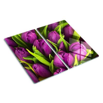 Tagliere in vetro temperato Tulipani viola con foglie verdi