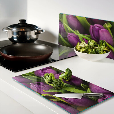 Tagliere in vetro temperato Tulipani viola con foglie verdi