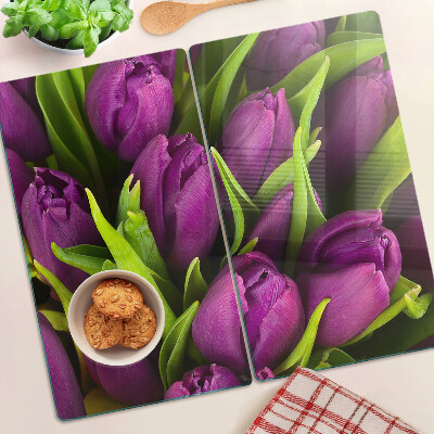 Tagliere in vetro temperato Tulipani viola con foglie verdi