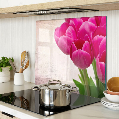 Tagliere in vetro temperato Fiori di tulipano su sfondo rosa