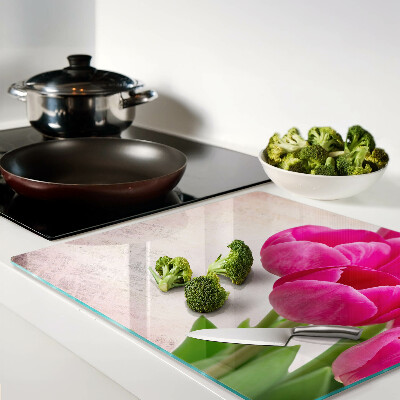 Tagliere in vetro temperato Fiori di tulipano su sfondo rosa
