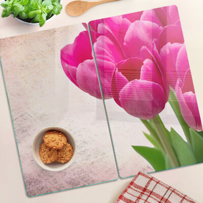 Tagliere in vetro temperato Fiori di tulipano su sfondo rosa