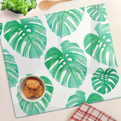 Tagliere in vetro temperato Foglie di Monstera su sfondo bianco