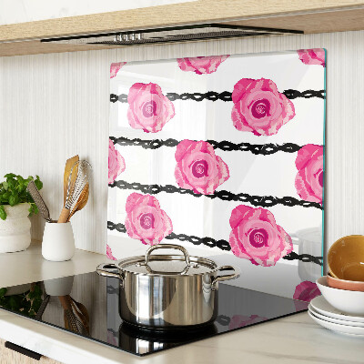 Tagliere in vetro temperato Rose su uno sfondo di linea nera