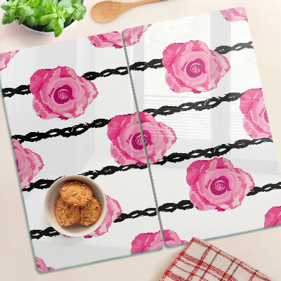 Tagliere in vetro temperato Rose su uno sfondo di linea nera