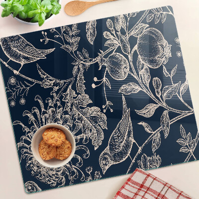 Tagliere in vetro Fiori e uccelli su sfondo scuro