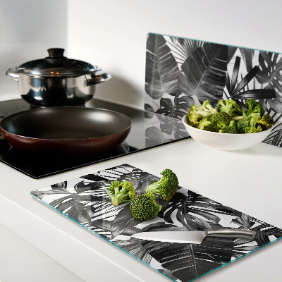 Tagliere in vetro temperato Foglie tropicali in bianco e nero