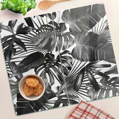 Tagliere in vetro temperato Foglie tropicali in bianco e nero