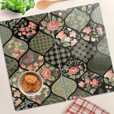 Tagliere in vetro Patchwork floreale con motivi geometrici