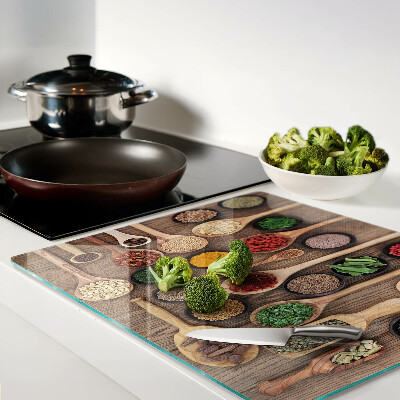 Tagliere in vetro temperato Spezie ed erbe aromatiche in cucchiai