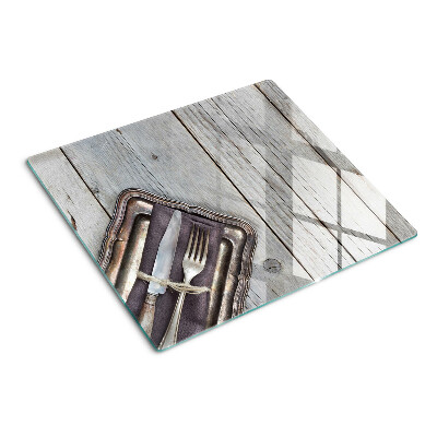 Tagliere in vetro Posate rustiche su fondo in legno