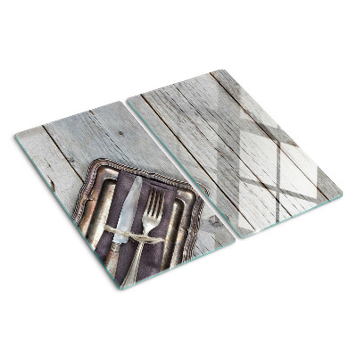 Tagliere in vetro Posate rustiche su fondo in legno