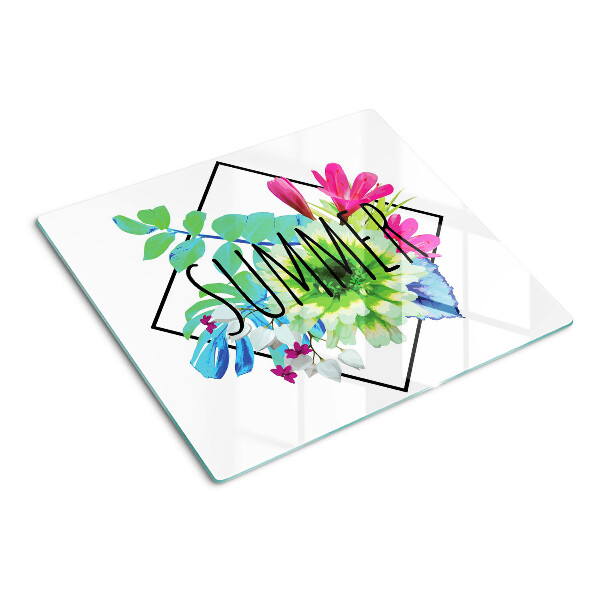Tagliere in vetro temperato Fiori estivi con la scritta