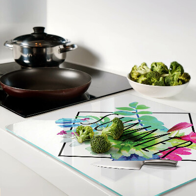 Tagliere in vetro temperato Fiori estivi con la scritta 