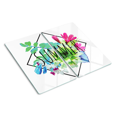 Tagliere in vetro temperato Fiori estivi con la scritta 