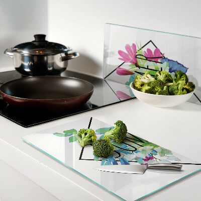 Tagliere in vetro temperato Fiori estivi con la scritta 