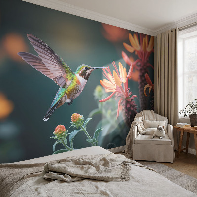 Carta da parati panoramica effetto 3D Fiori per colibrì
