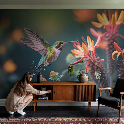 Carta da parati panoramica effetto 3D Fiori per colibrì