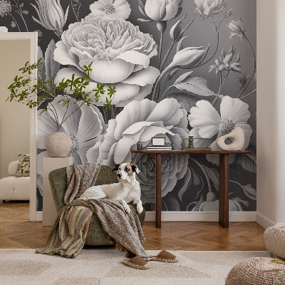 Carta da parati effetto profondità Fiori grigi