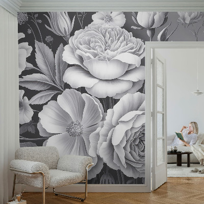 Carta da parati effetto profondità Fiori grigi