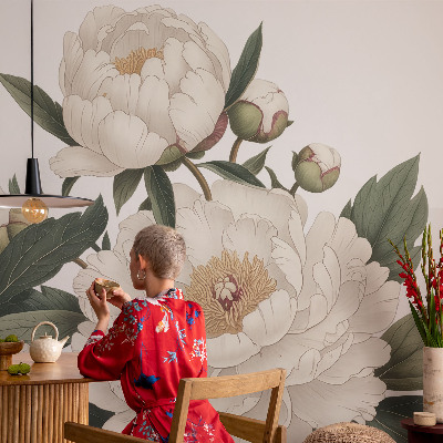 Carta da parati panoramica effetto 3D Peonie bianche
