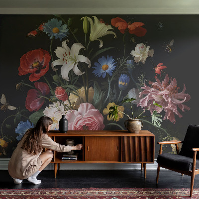 Carta da parati 3D Fiori con insetti