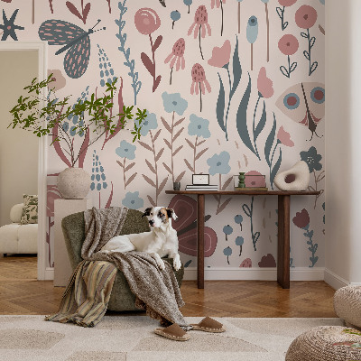 Carta da parati cameretta Fiori insetti