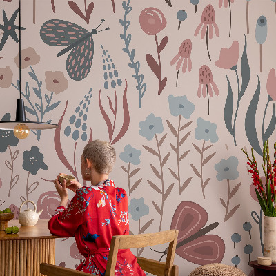Carta da parati cameretta Fiori insetti