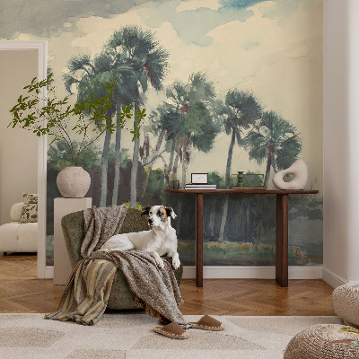 Carta da parati effetto profondità palme esotiche