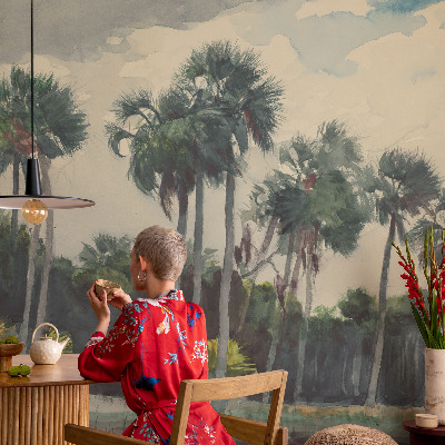 Carta da parati effetto profondità palme esotiche