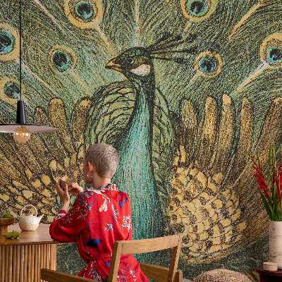 Carta da parati panoramica effetto 3D Pavone maestoso