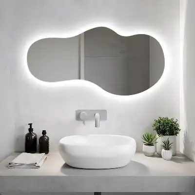 Specchio a parete moderno di forma organica con illuminazione con illuminazione a LED
