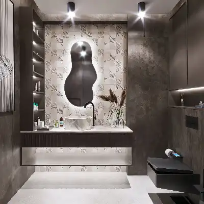 Specchio a parete moderno di forma organica con illuminazione con illuminazione a LED