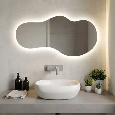 Specchio a parete moderno di forma organica con illuminazione con illuminazione a LED