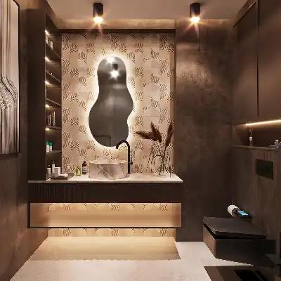 Specchio a parete moderno di forma organica con illuminazione con illuminazione a LED