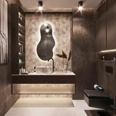 Specchio a parete moderno di forma organica con illuminazione con illuminazione a LED
