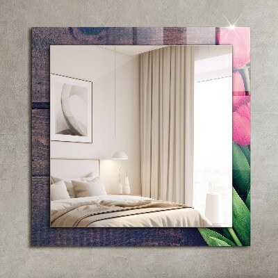 Specchio con cornice stampata Legno con tulipani rosa