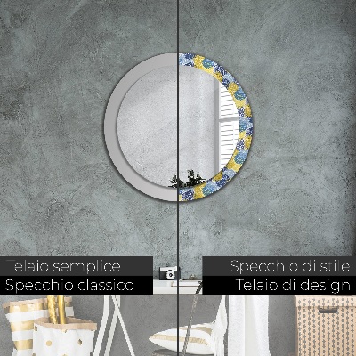 Specchio rotondo stampato Fiori blu