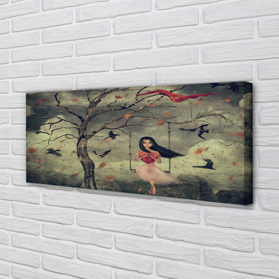 Quadro su tela Tree Birds Girl Cloud Rocks