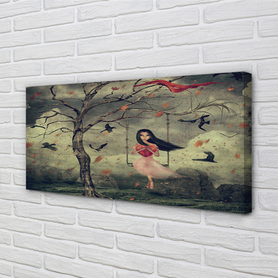 Quadro su tela Tree Birds Girl Cloud Rocks