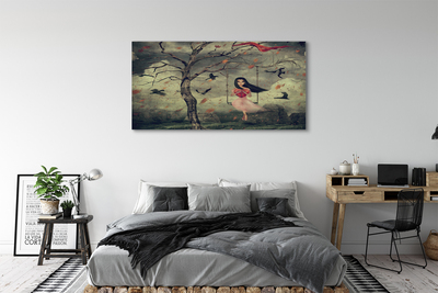 Quadro su tela Tree Birds Girl Cloud Rocks