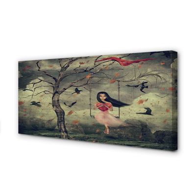 Quadro su tela Tree Birds Girl Cloud Rocks