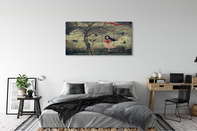 Quadro su tela Tree Birds Girl Cloud Rocks