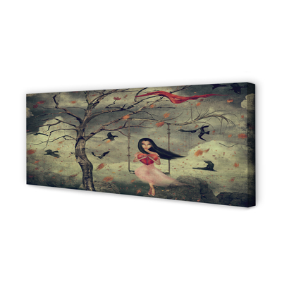 Quadro su tela Tree Birds Girl Cloud Rocks