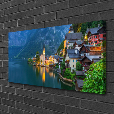 Quadro su tela Città di montagna di notte sul lago