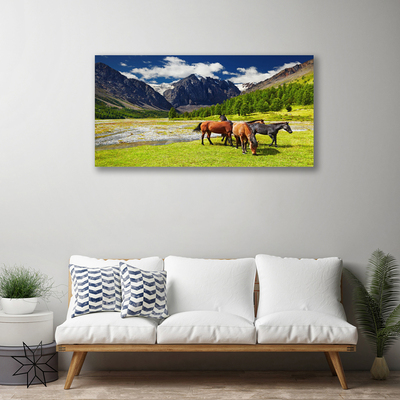 Quadro su tela Montagne, alberi, cavalli, animali