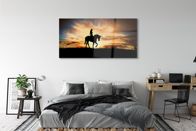 Quadro su vetro Donna su un unicorno al tramonto