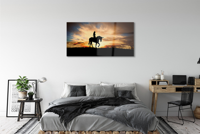 Quadro su vetro Donna su un unicorno al tramonto